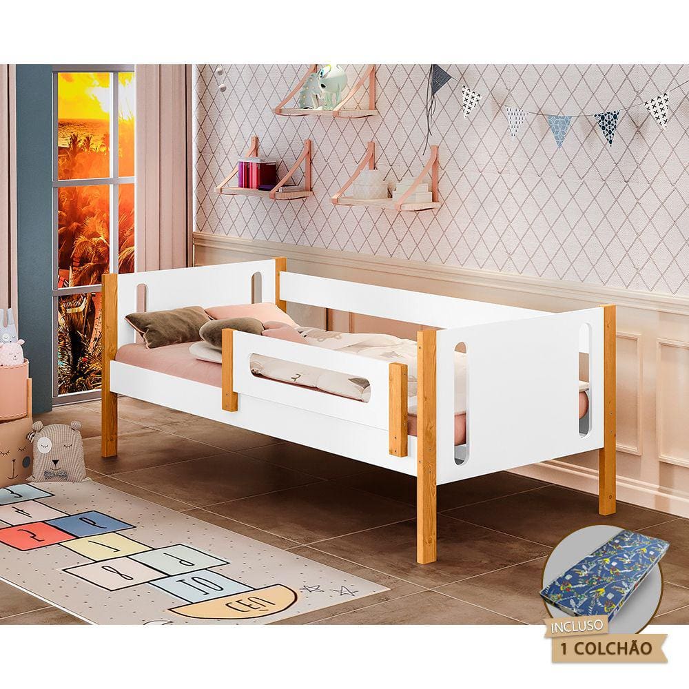 Cama Infantil Babá Montessoriana com Colchão Mirela com Grade de Proteção - Branco/amêndoa