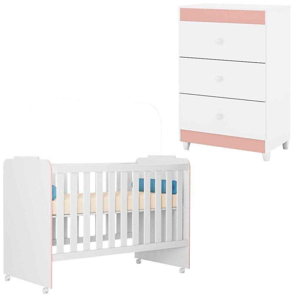 Berço Com Rodizios e Comoda TerAmore Branco Rosa PLLA