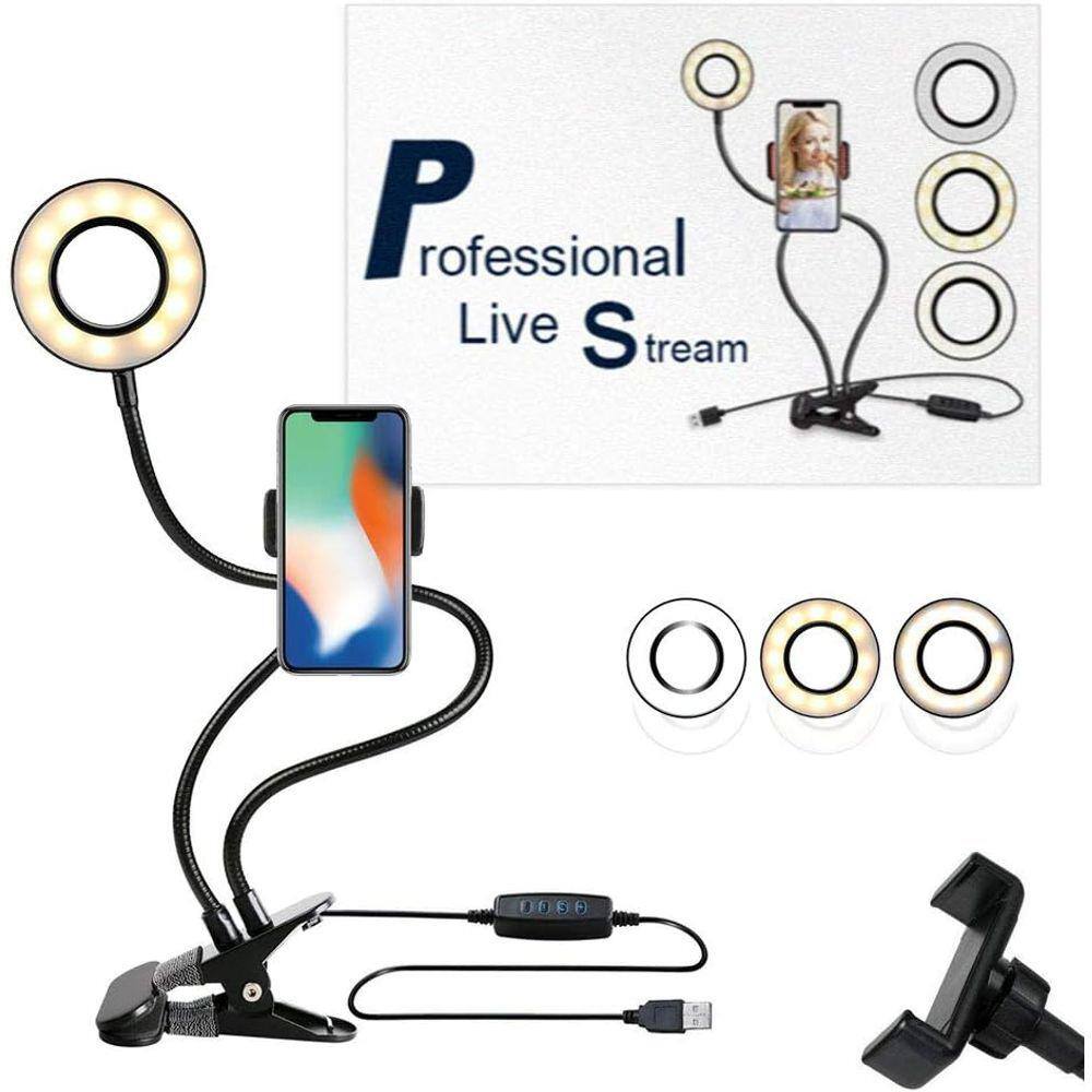 Iluminador Ring Light Suporte Articulado de Mesa Live Stream para Celular Smartphone com Controle 2 em 1 GARRA