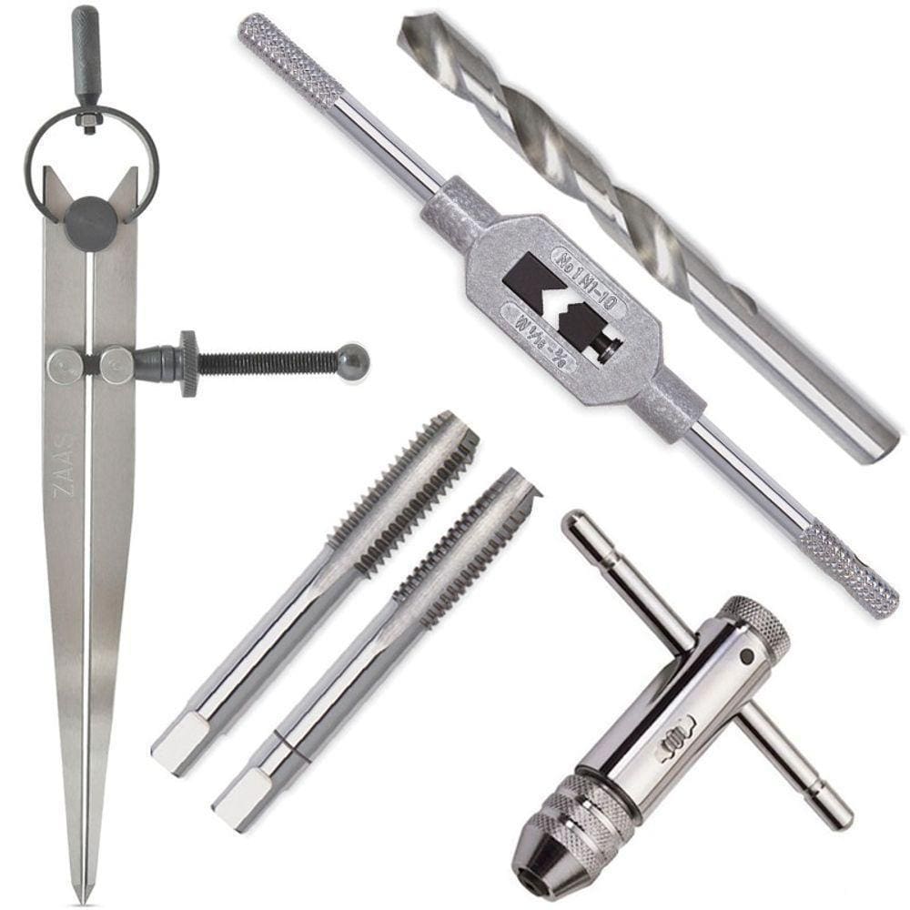 Kit Jogos De Machos Aço Rápido + Compassos + Vira Machos + Brocas Paralelas