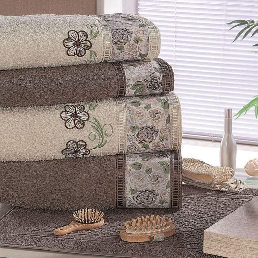 Kit Jogo De Banho Floral Bordado Passione 05 Peças - Marrom-palha