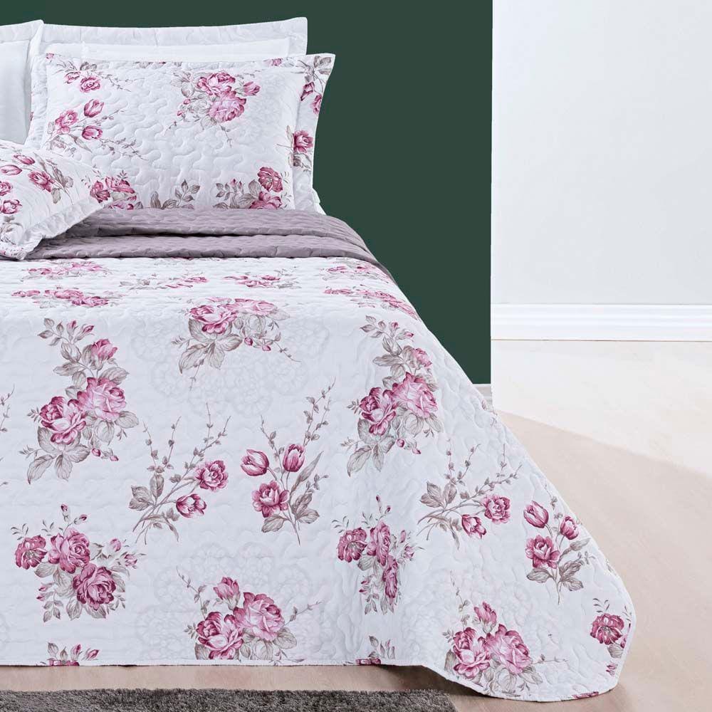 Kit Cobre Leito Colcha Celi Solteiro Dupla Face Micropercal 200 Fios 2 Peças - Palha Florido