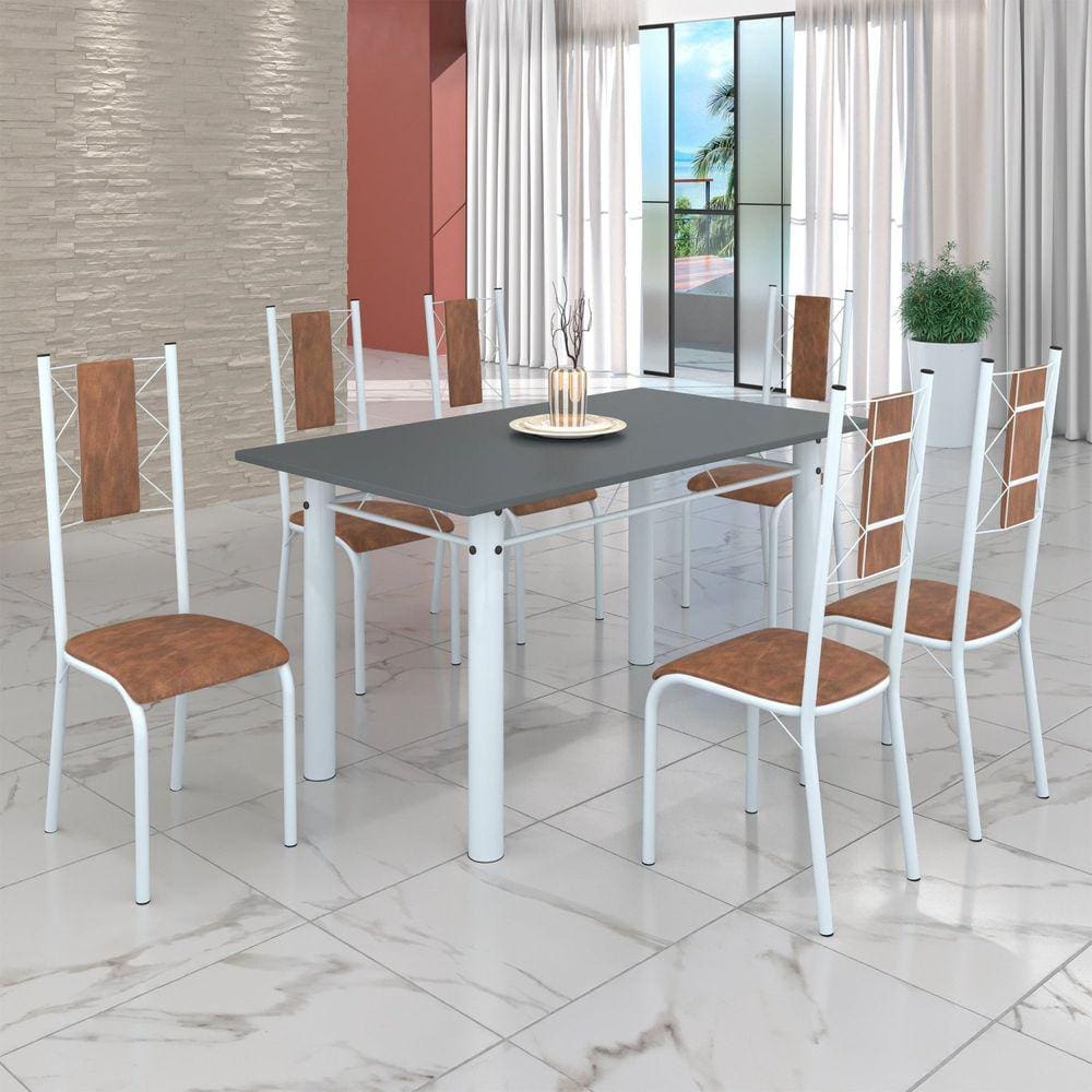 Conjunto Sala de Jantar Bahia Mesa Tubo 140x75cm Tampo Pedra com 6 Cadeiras Marrom/Branco