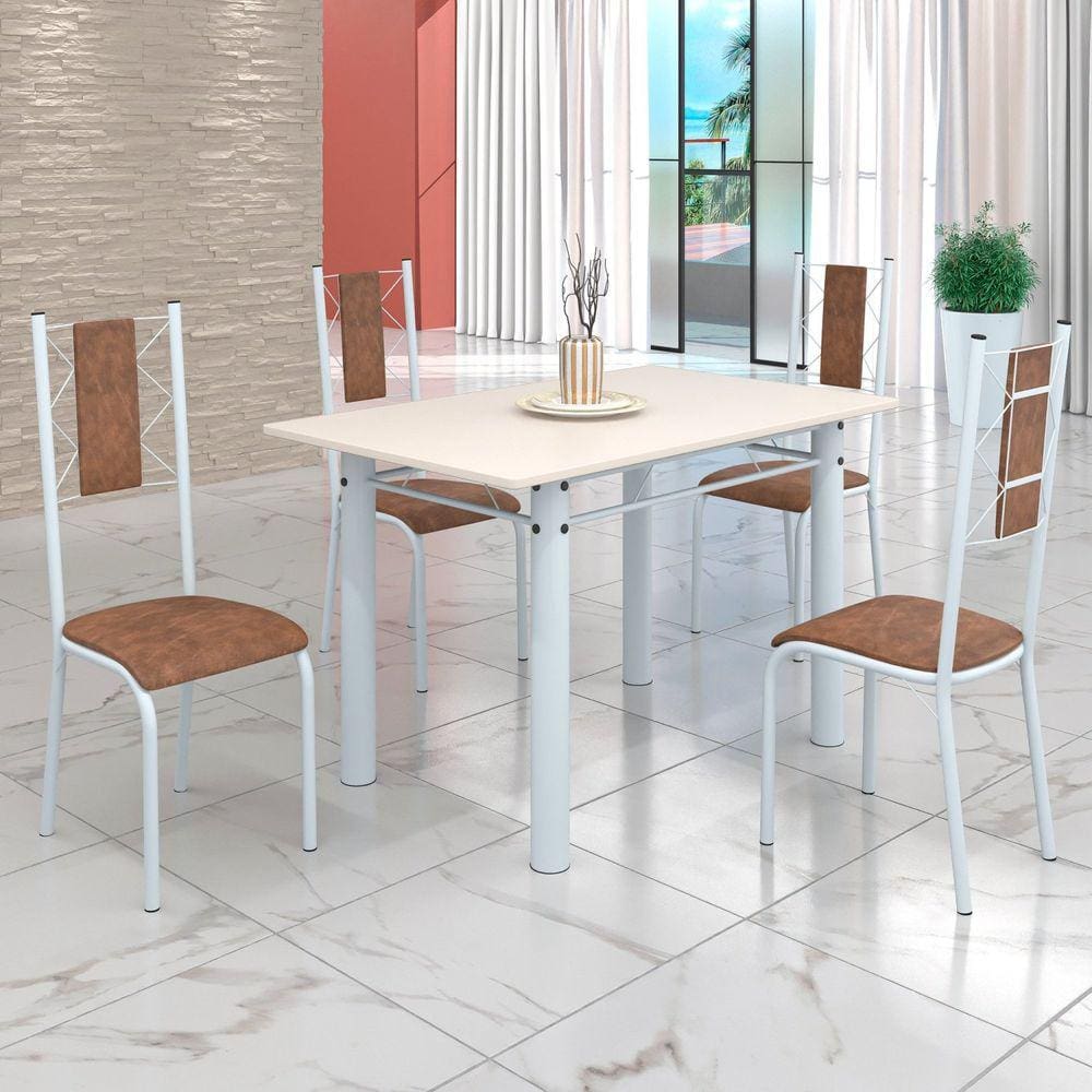 Conjunto Sala de Jantar Bahia Mesa Tubo 120x75cm Tampo Madeira com 4 Cadeiras Marrom/Branco