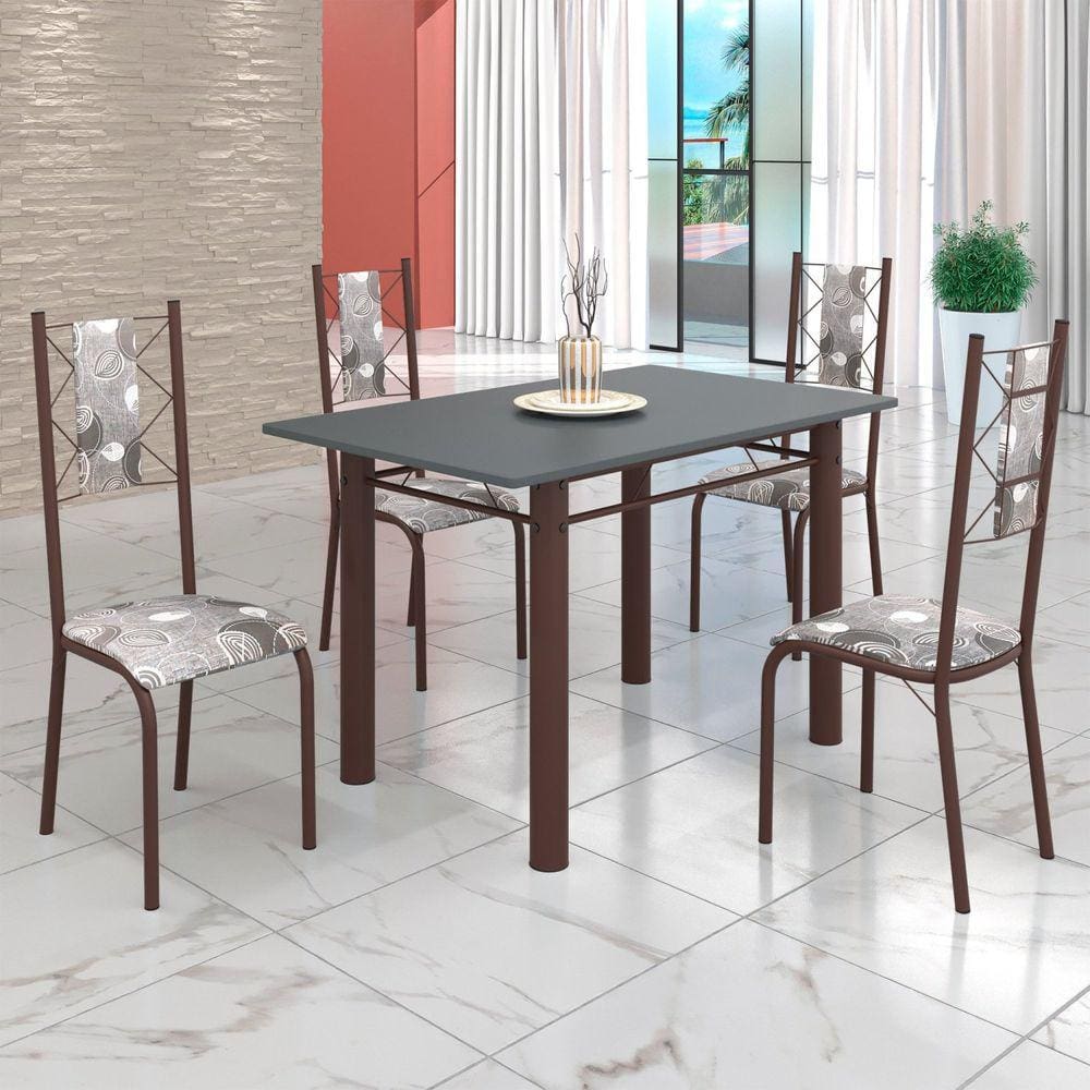 Conjunto Sala de Jantar Bahia Mesa Tubo 120x75cm Tampo Madeira com 4 Cadeiras Paraopeba/Marrom