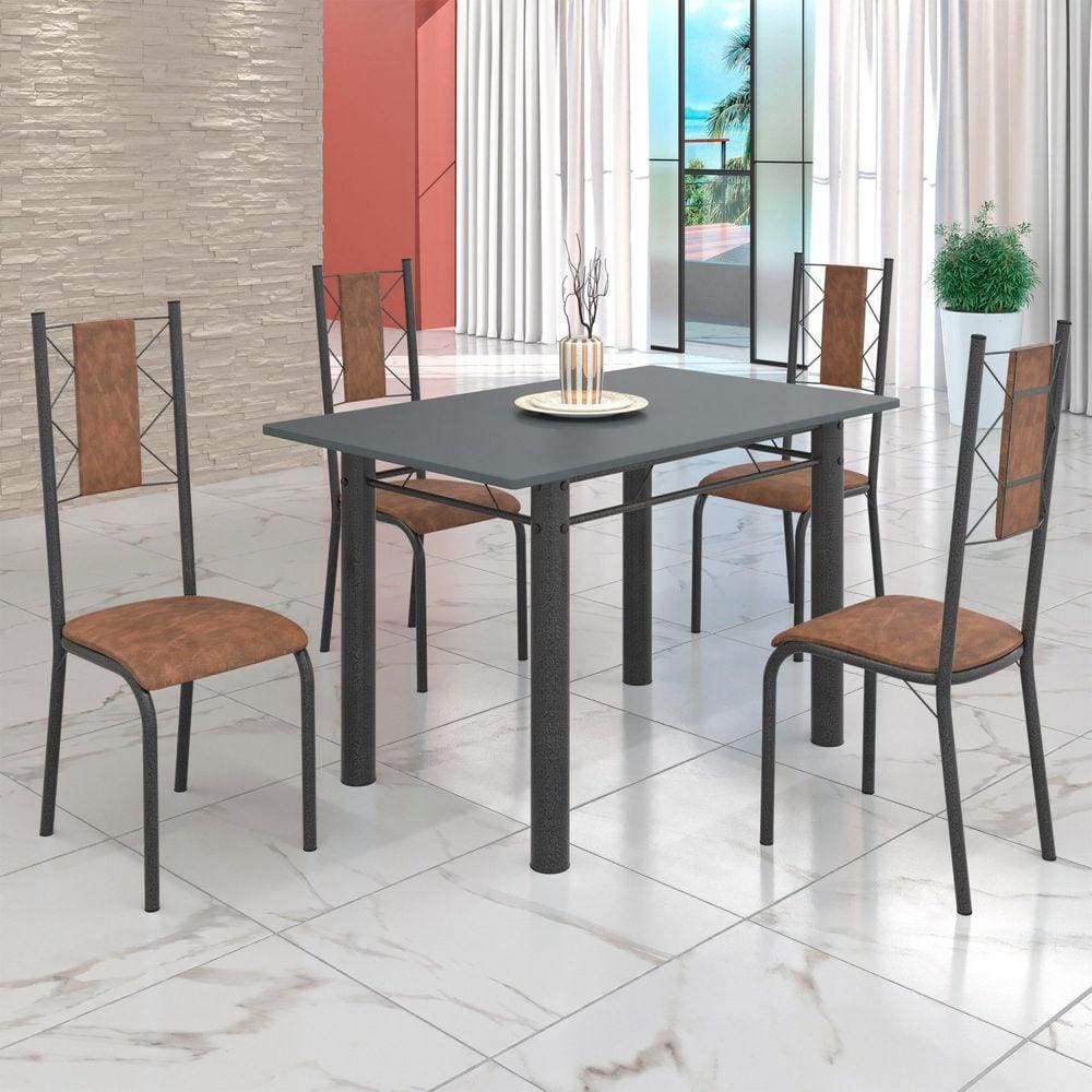 Conjunto Sala de Jantar Bahia Mesa Tubo 120x75cm Tampo Madeira com 4 Cadeiras Marrom/Prata