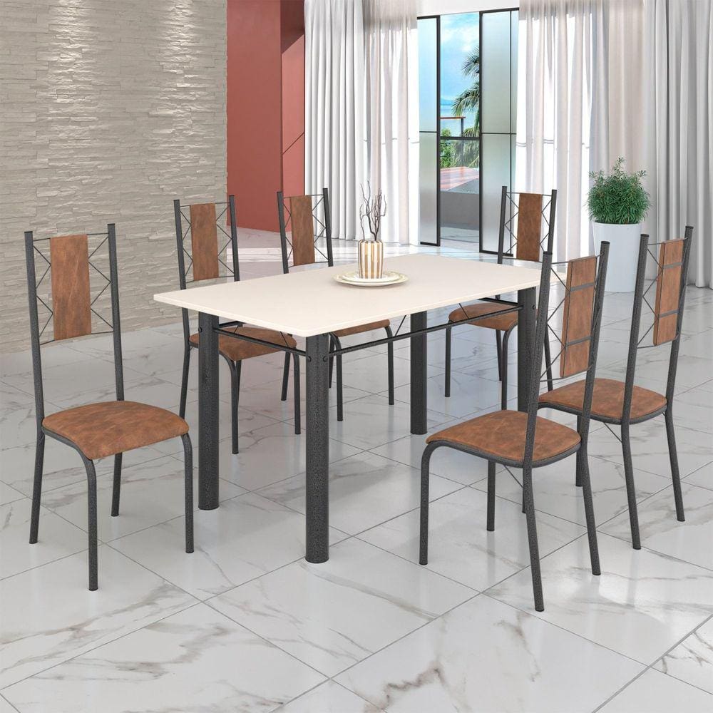Conjunto Sala de Jantar Bahia Mesa Tubo 140x75cm Tampo Madeira com 6 Cadeiras Courino Marrom/mart. Prata