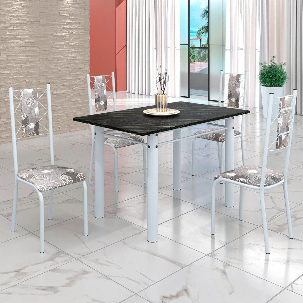Conjunto Sala de Jantar Bahia Mesa Tubo 120x75cm Tampo Pedra Ardósia Indiana com 4 Cadeiras Paraopeba/Branco