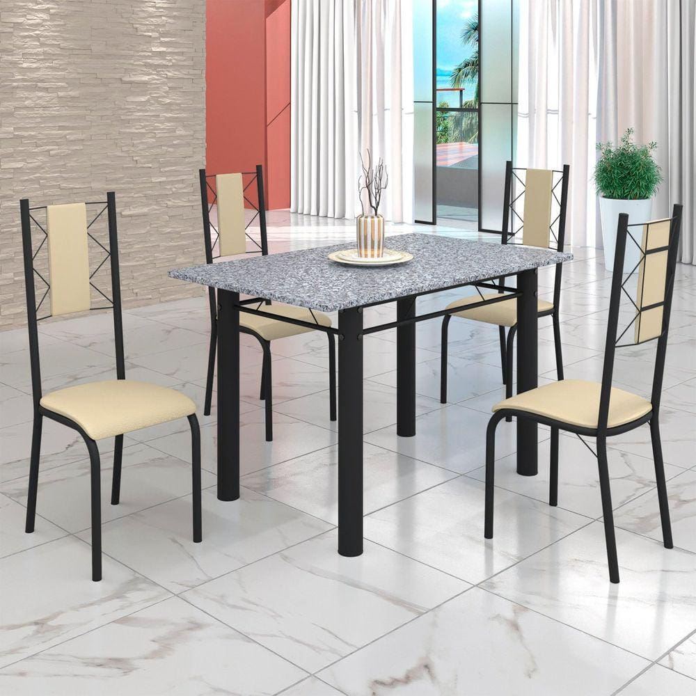 Conjunto Sala de Jantar Bahia Mesa Tubo 120x75cm Tampo Pedra Granito Ocre com 4 Cadeiras Creme/Preto