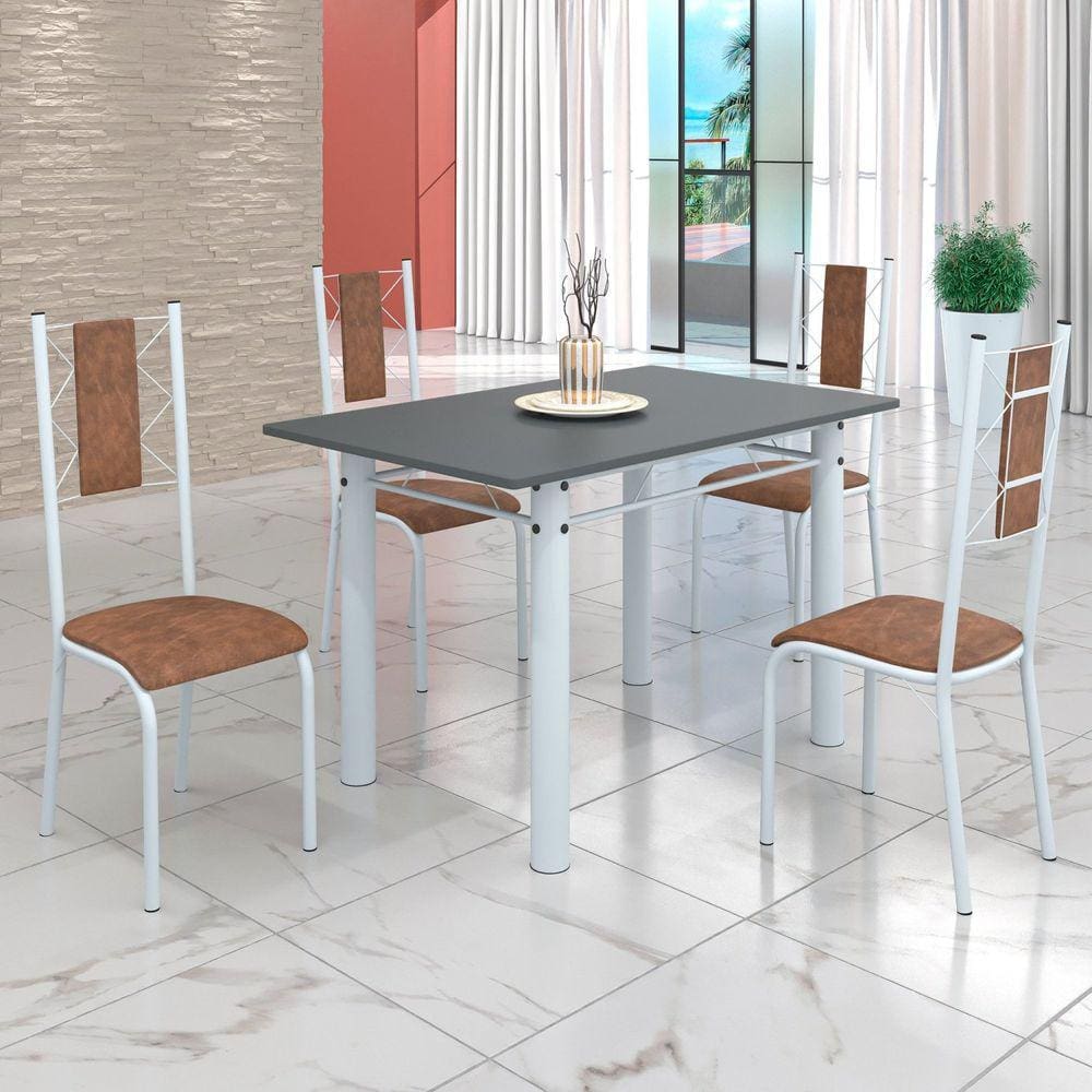 Conjunto Sala de Jantar Bahia Mesa Tubo 120x75cm Tampo Pedra com 4 Cadeiras Marrom/Branco