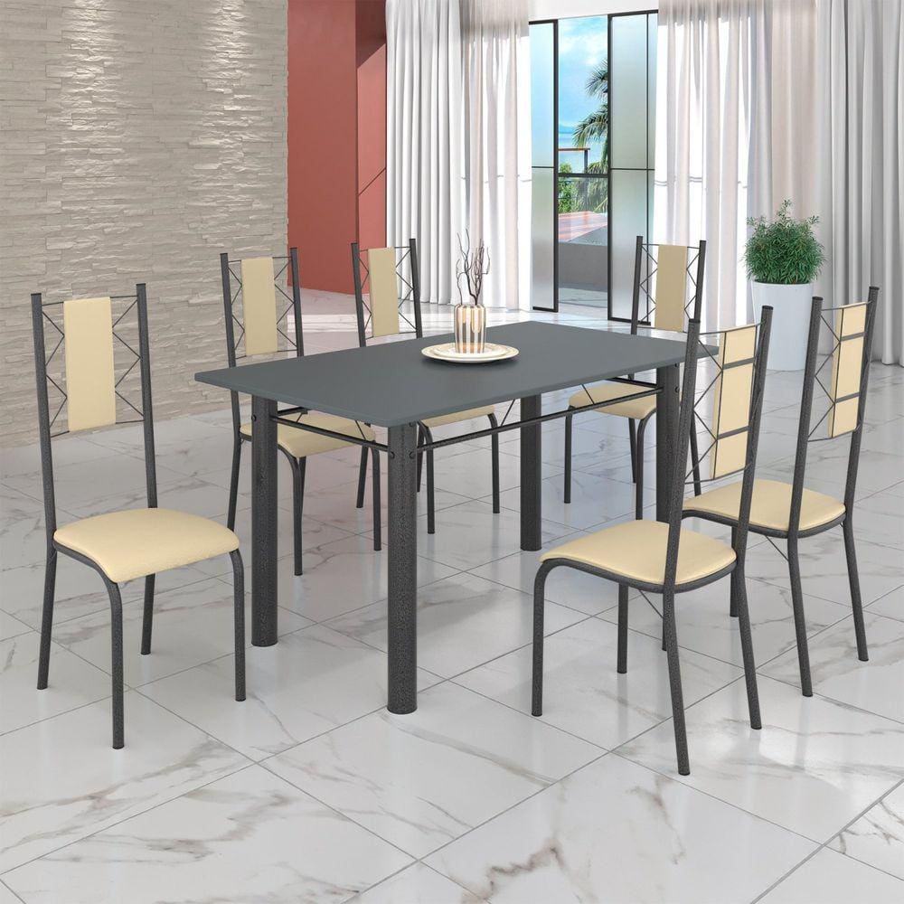 Conjunto Sala de Jantar Bahia Mesa Tubo 140x75cm Tampo Madeira com 6 Cadeiras Creme / Mart Prata