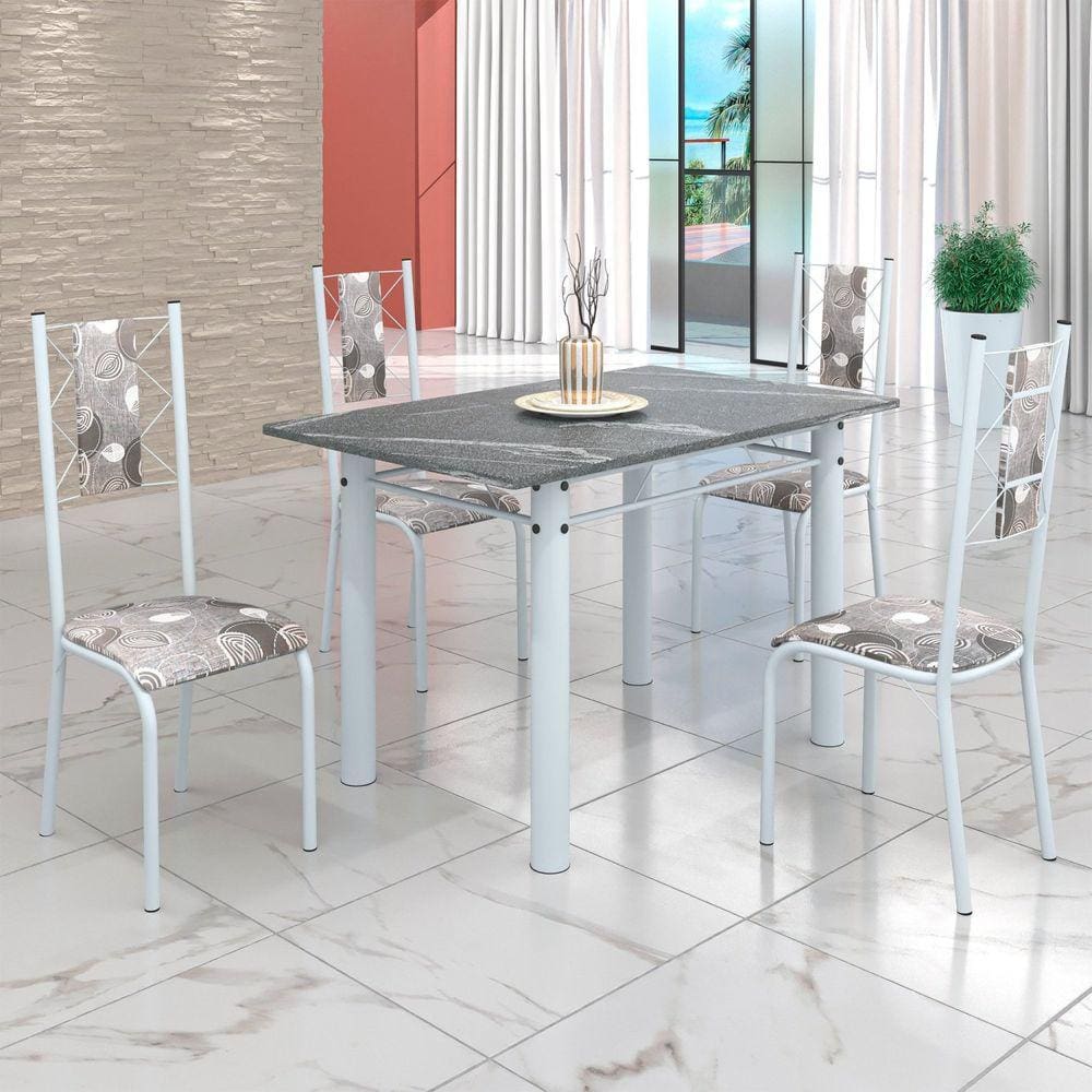 Conjunto Sala de Jantar Bahia Mesa Tubo 120x75cm Tampo Pedra Granito Topázio com 4 Cadeiras Paraopeba/Branco