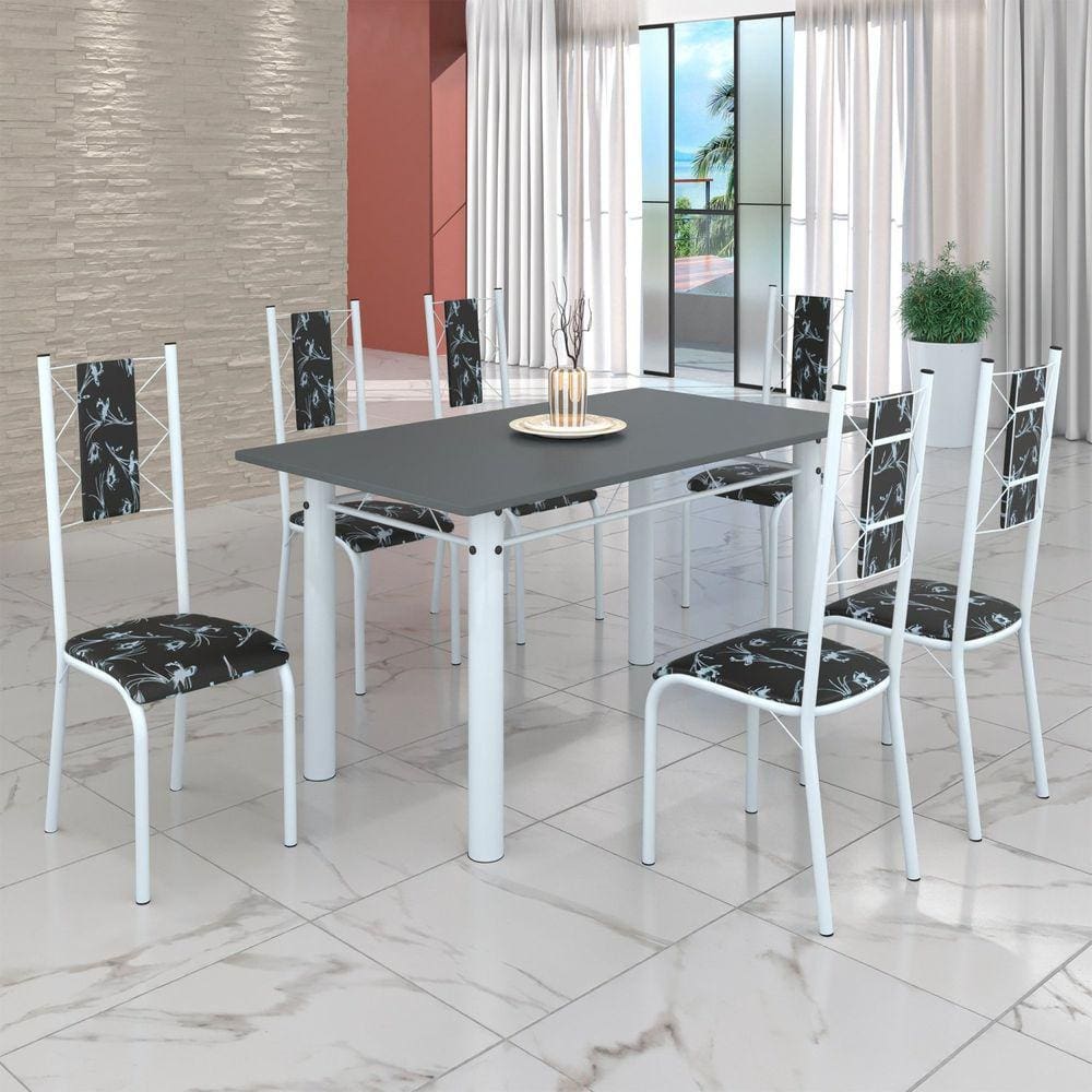 Conjunto Sala de Jantar Bahia Mesa Tubo 140x75cm Tampo Pedra com 6 Cadeiras Preto Floral/Branco