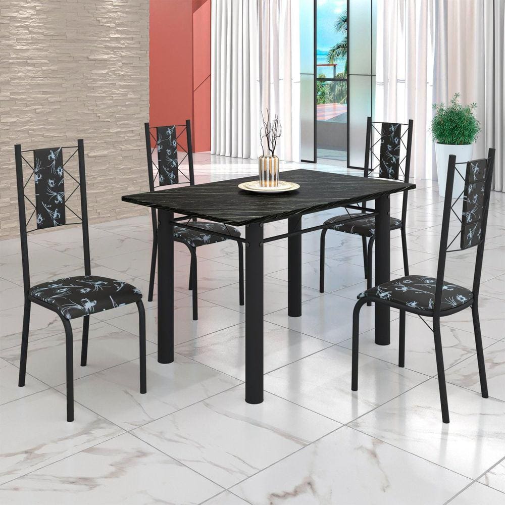 Conjunto Sala de Jantar Bahia Mesa Tubo 120x75cm Tampo Madeira Indiana com 4 Cadeiras Preto Floral/Preto Fosco