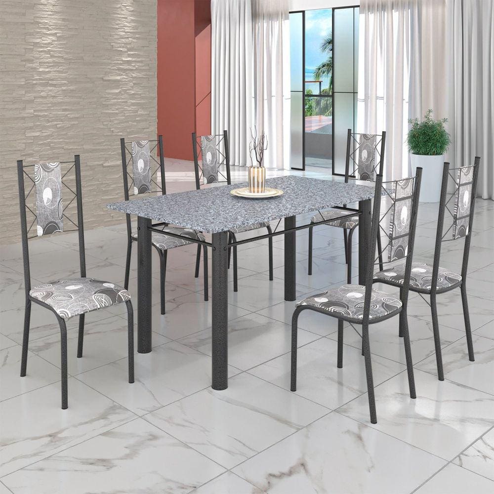Conjunto Sala de Jantar Bahia Mesa Tubo 140x75cm Tampo Madeira com 6 Cadeiras Preto Floral / Mart Prata