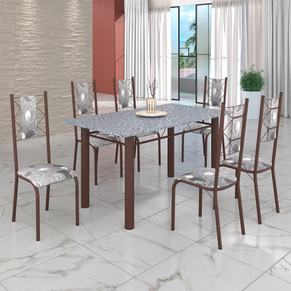 Conjunto Sala de Jantar Bahia Mesa Tubo 140x75cm Tampo Pedra Granito com 6 Cadeiras Paraopeba/Marrom