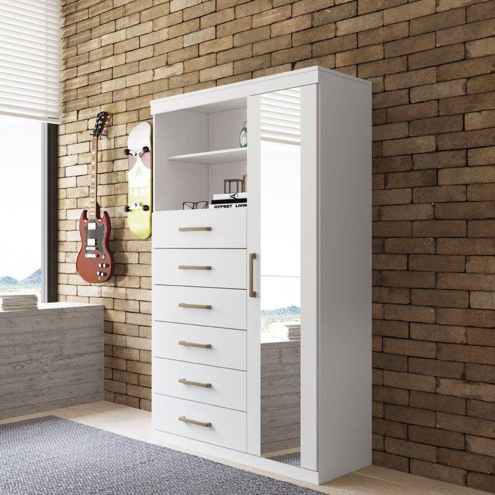 Cômoda 6 Gavetas 1 Porta 2 Nichos Marabá 1.6 com Espelho Branco