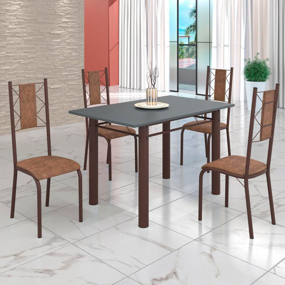 Conjunto Sala de Jantar Bahia Mesa Tubo 120x75cm Tampo Madeira com 4 Cadeiras Marrom