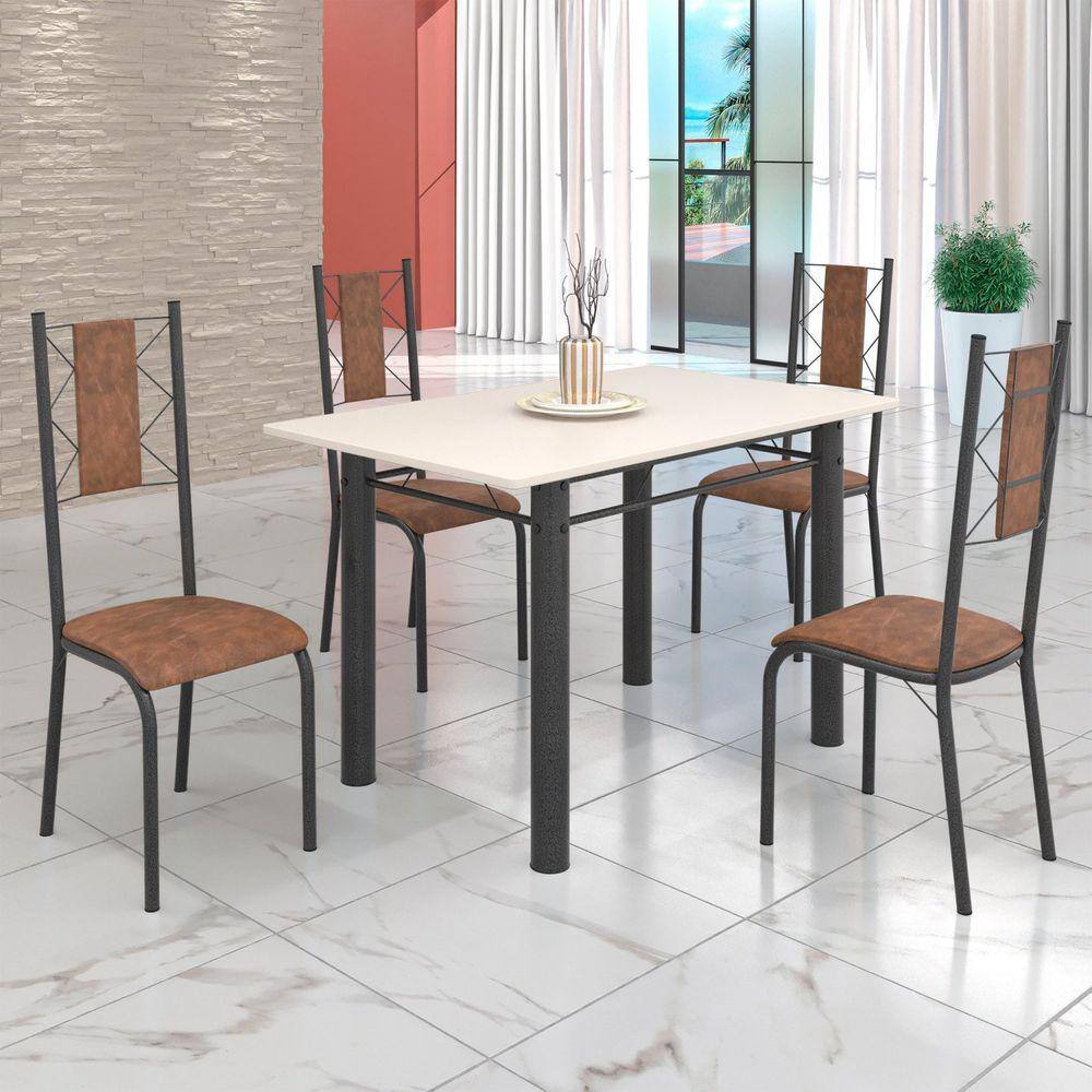 Conjunto Sala de Jantar Bahia Mesa Tubo 120x75cm Tampo Madeira com 4 Cadeiras Marrom/Prata
