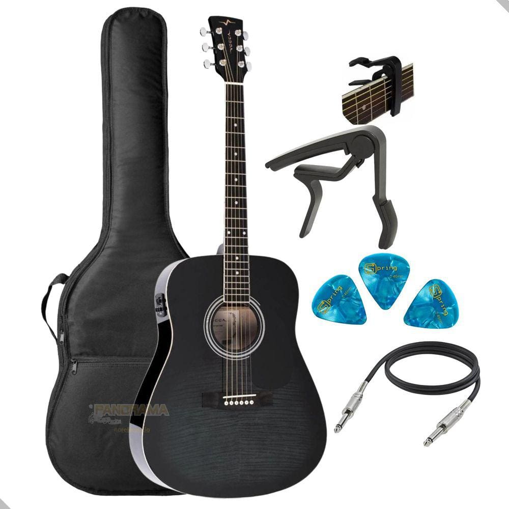 Violão Elétrico Aço VCK380 Bmf Preto Rajado - Kit Completo