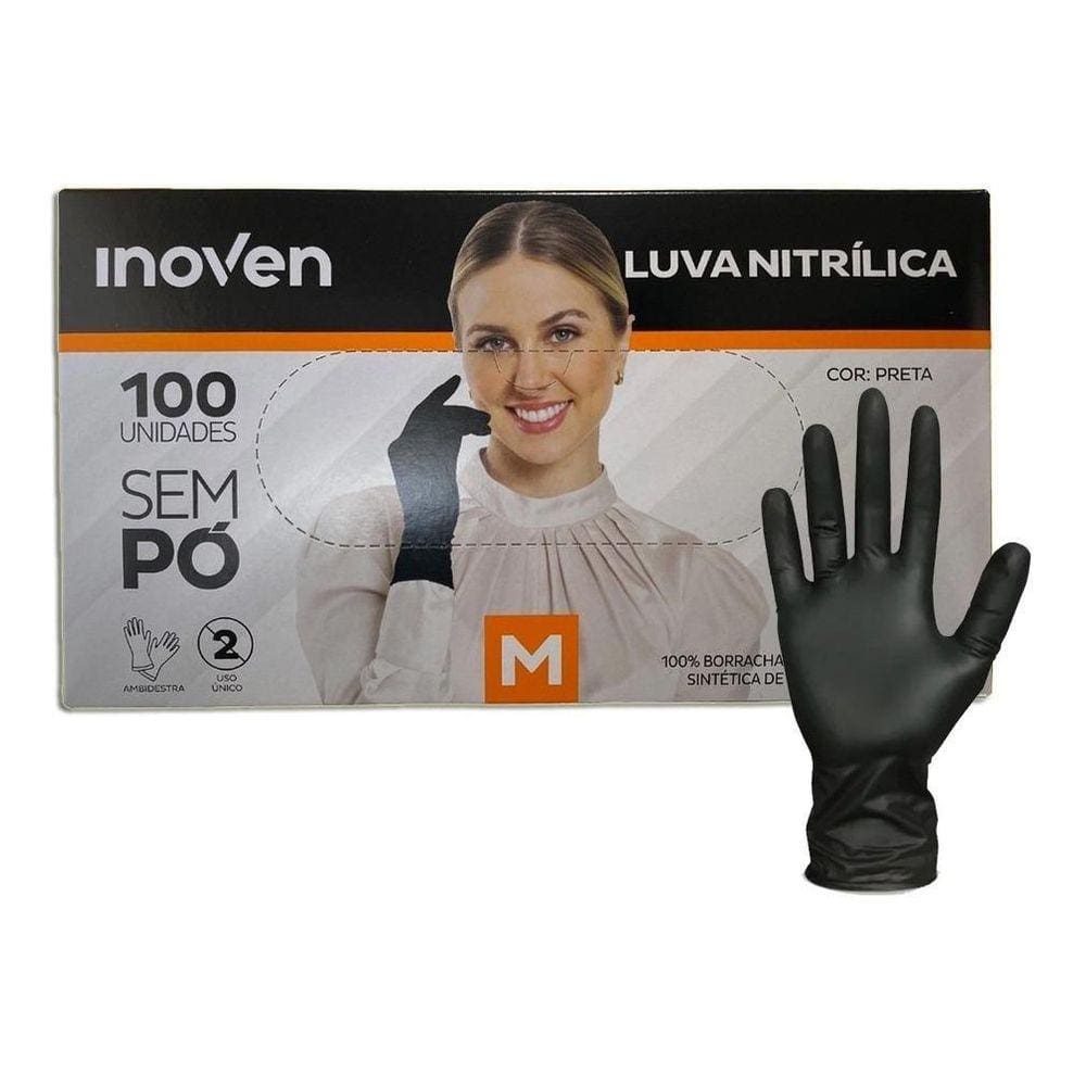 Luva Nitrílica Preta Sem Pó Inoven Tamanho M