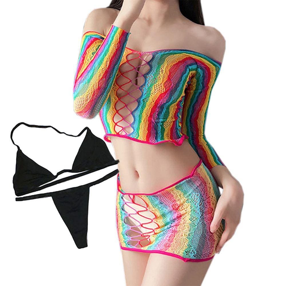 Saída De Praia Arrastão Arco Iris + Biquíni Marquinha de Fita