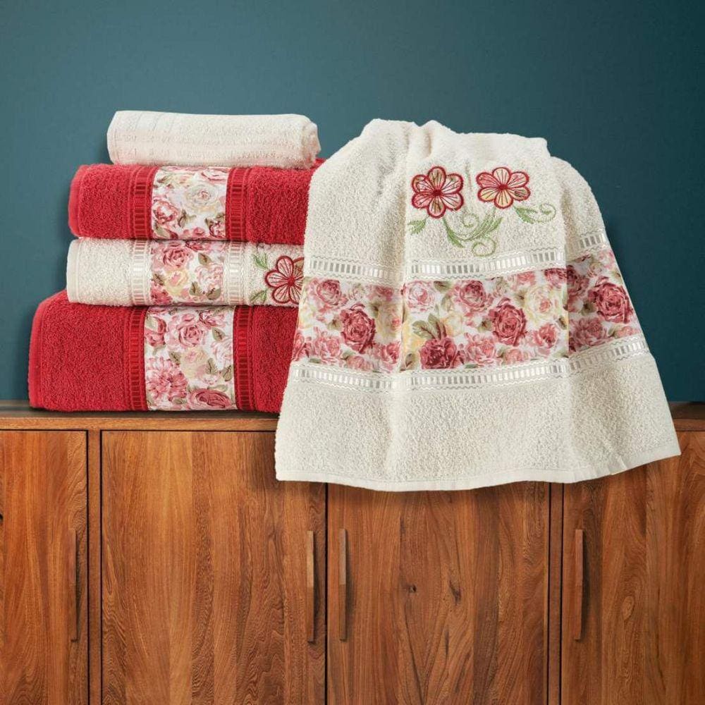 Jogo de Banho Bordado Floral Algodão 5 Peças - Vermelho/Palha