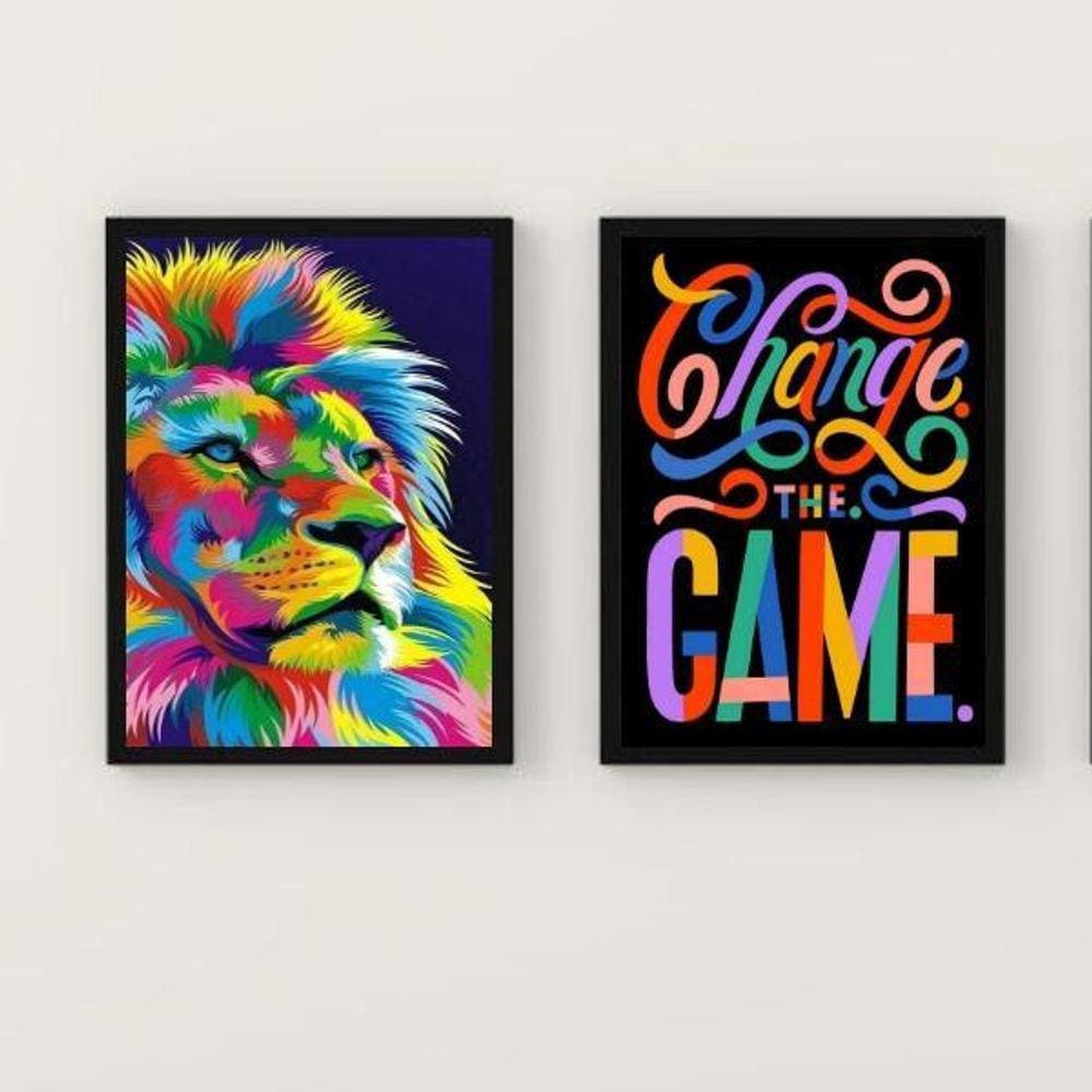 Kit 2 Quadros Leão Colorido Change The Game 33X24Cm