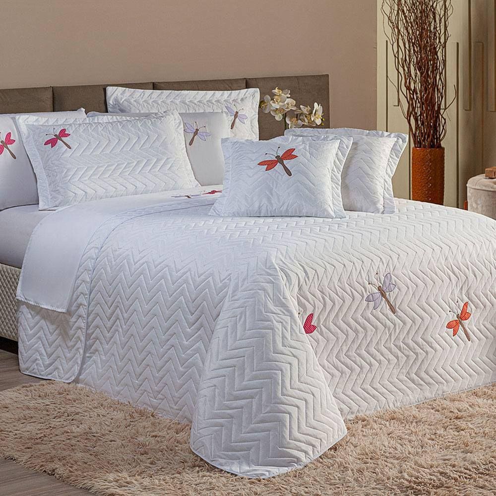 Cobre Leito Casal Padrão Bordado Libélula 3 Peças - Branco