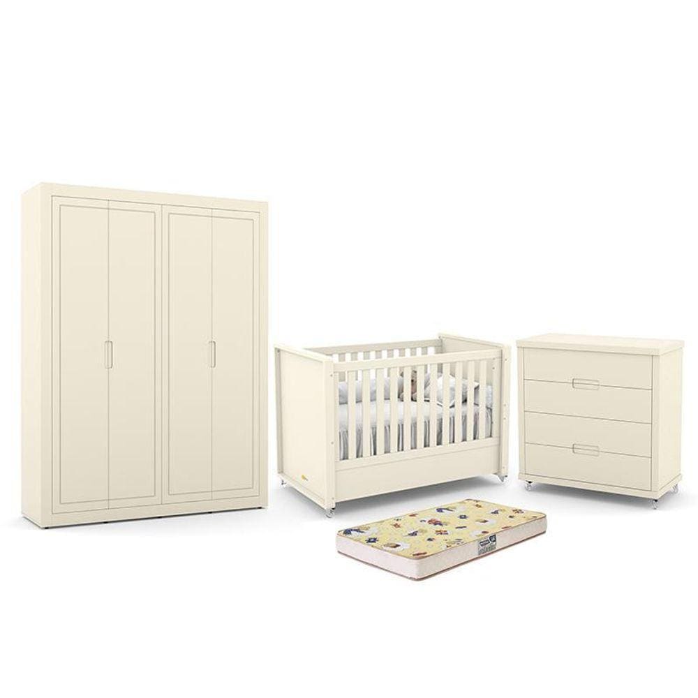 Dormitório Tutto New 4 Portas, Cômoda 4 Gavetas e Berço com Colchão D18 - Matic Móveis
