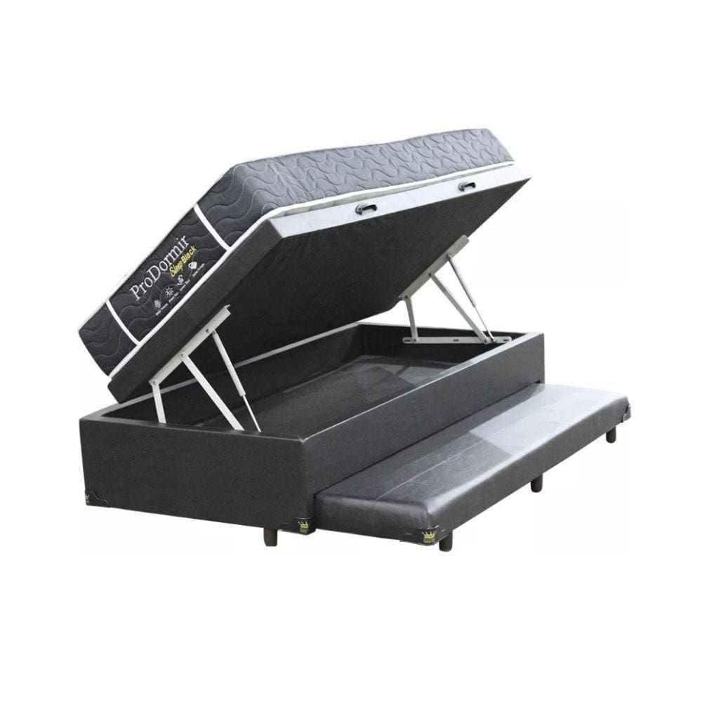 Cama Box Com Baú e Auxiliar Solteiro + Colchão De Molas - Probel - Sleep Black 88cm