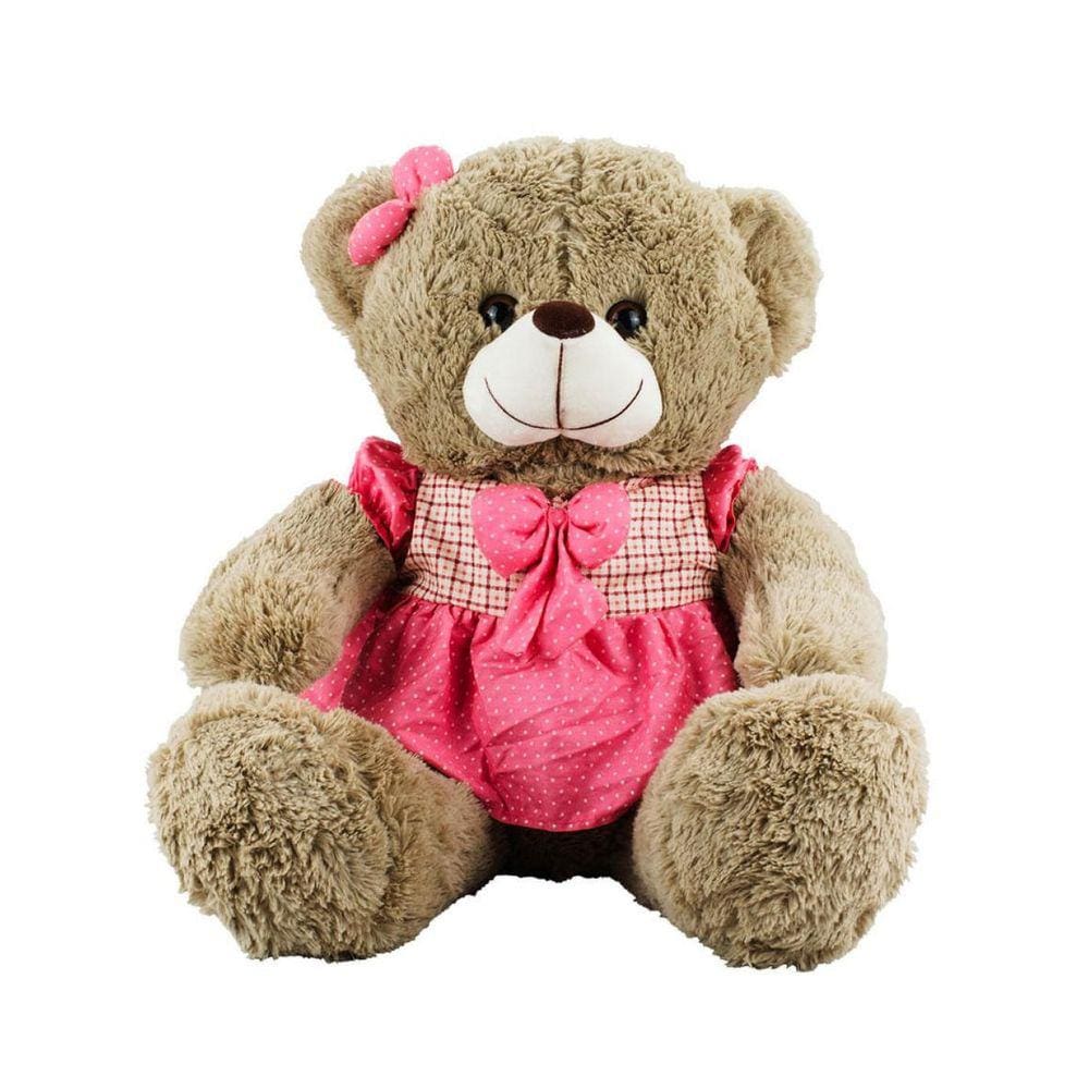 Ursa de Pelúcia Sentada 39cm - Marrom com Vestido Rosa