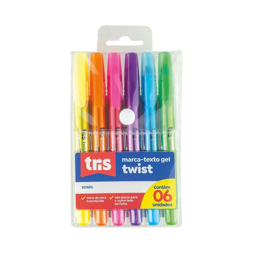 Caneta Marca Texto Gel Twist Estojo c/ 6 Cores Tris Marcador Ideal p/ Bíblia Livros Vade Mecum