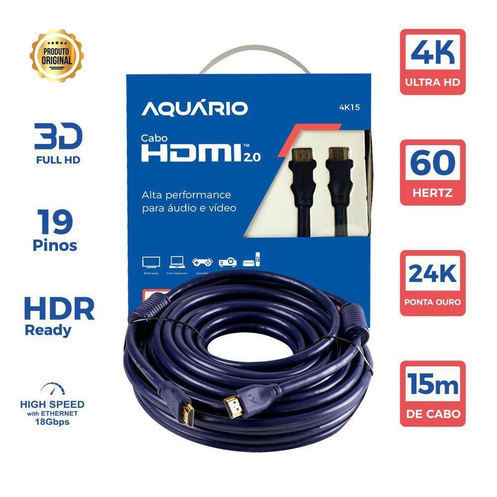 Cabo Hdmi 2.0 15 Metros 4K Full Hd 3D Blindado Aquário 4K15