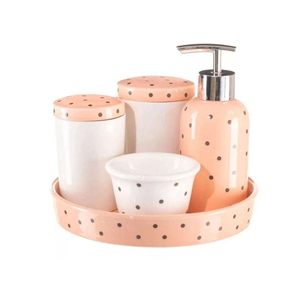 Jogo De Banheiro Higiene De Porcelana Estampa Poá 5 Peças