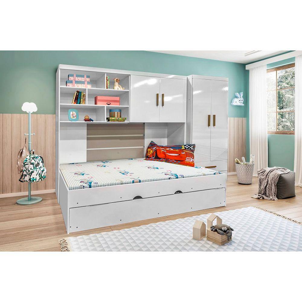Jogo de Quarto Chiara 4 Peças - Roupeiro 2 portas, Módulo Aéreo e Cama com Auxiliar - Phoenix Baby