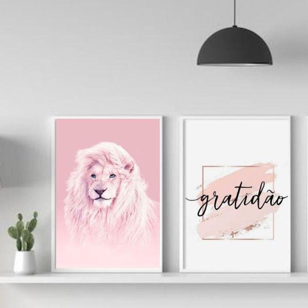 Kit 2 Quadros Decorativos Leão Rosa Gratidão 45X34Cm