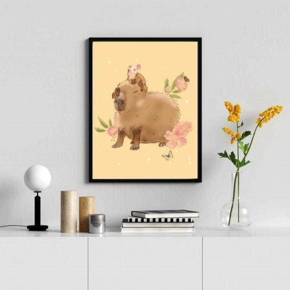Quadro Capivara Desenho 24x18cm Vidro - Moldura Branca