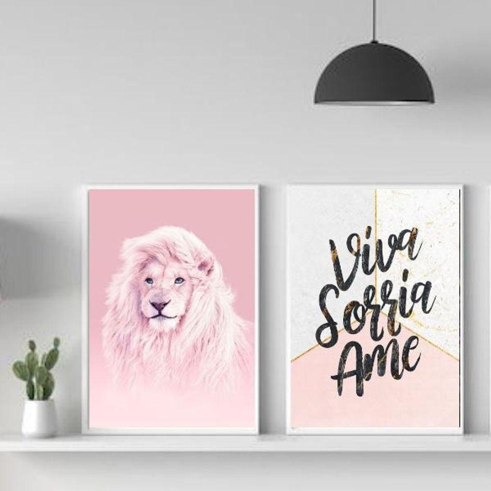 Kit 2 Quadros Leão Rosa 45x34cm - Vidro e Moldura Preta