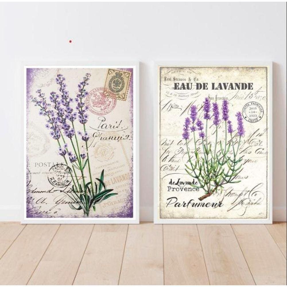 Kit 2 Quadros Lavanda Provençal Vintage 24X18Cm - Com Vidro