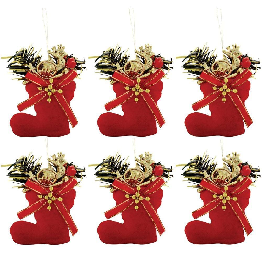 Kit 6 Botinhas Veludo Vermelho Decoradas Mini Rena e Corneta Dourada 7cm - Magizi