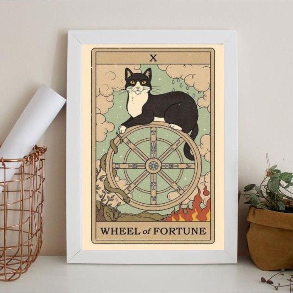 Quadro Tarot Roda da Fortuna Gato 45x34cm - Madeira Preta