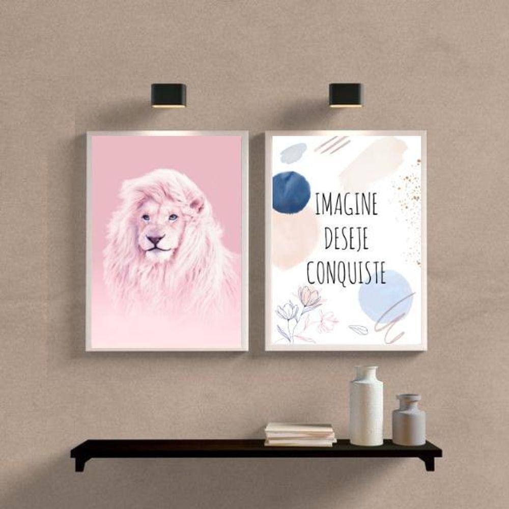 Kit 2 Quadros Leão Rosa Imagine Deseje Conquiste 33X24Cm - Com Vidro