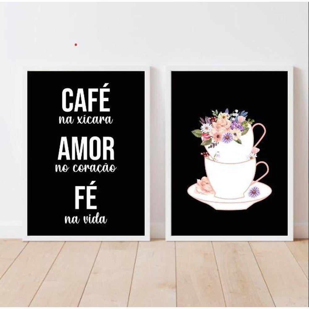 Kit 2 Quadros Café Amor Fé Floral 45X34Cm - Com Vidro