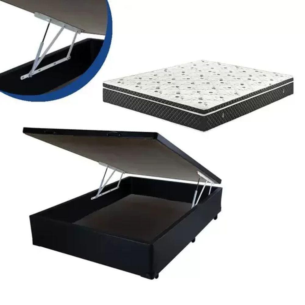 Cama Box Baú Casal Colchão Espuma D45 Bordado + Box Suede Preto 61x138x188