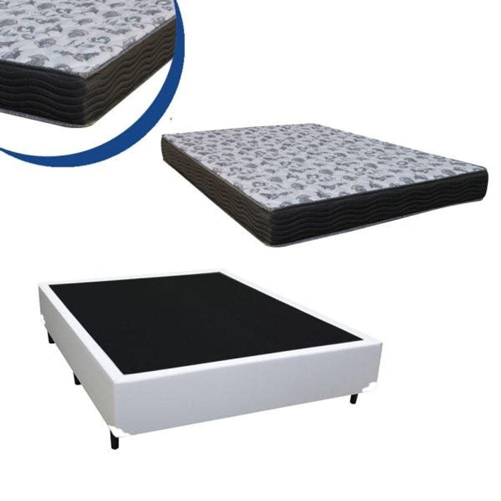 Cama Box Casal Colchão Espuma D45 Bordado + Box Sintético Branco 52x138x188