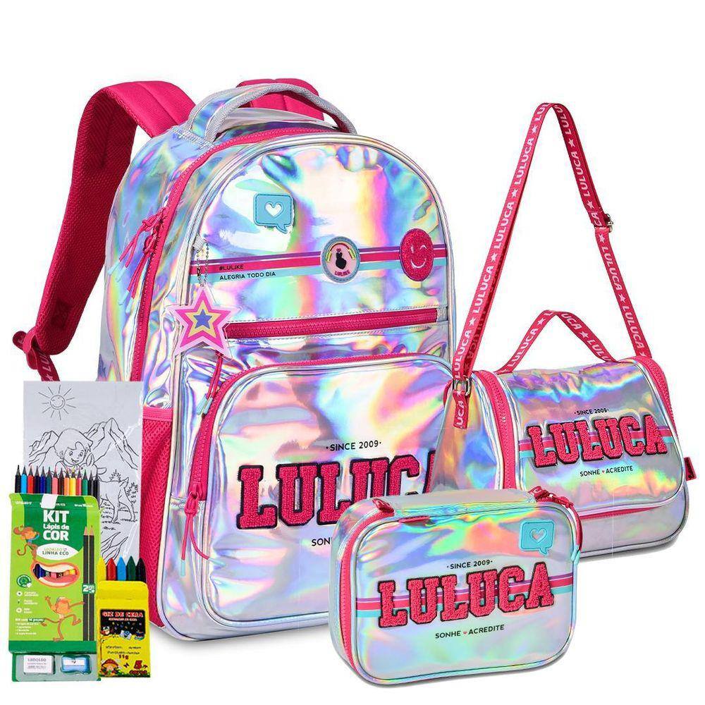 Comprar Conjunto Mochila Escolar holográfica Luluca + Estojo + Lancheira -  Brinquedos Para Crianças