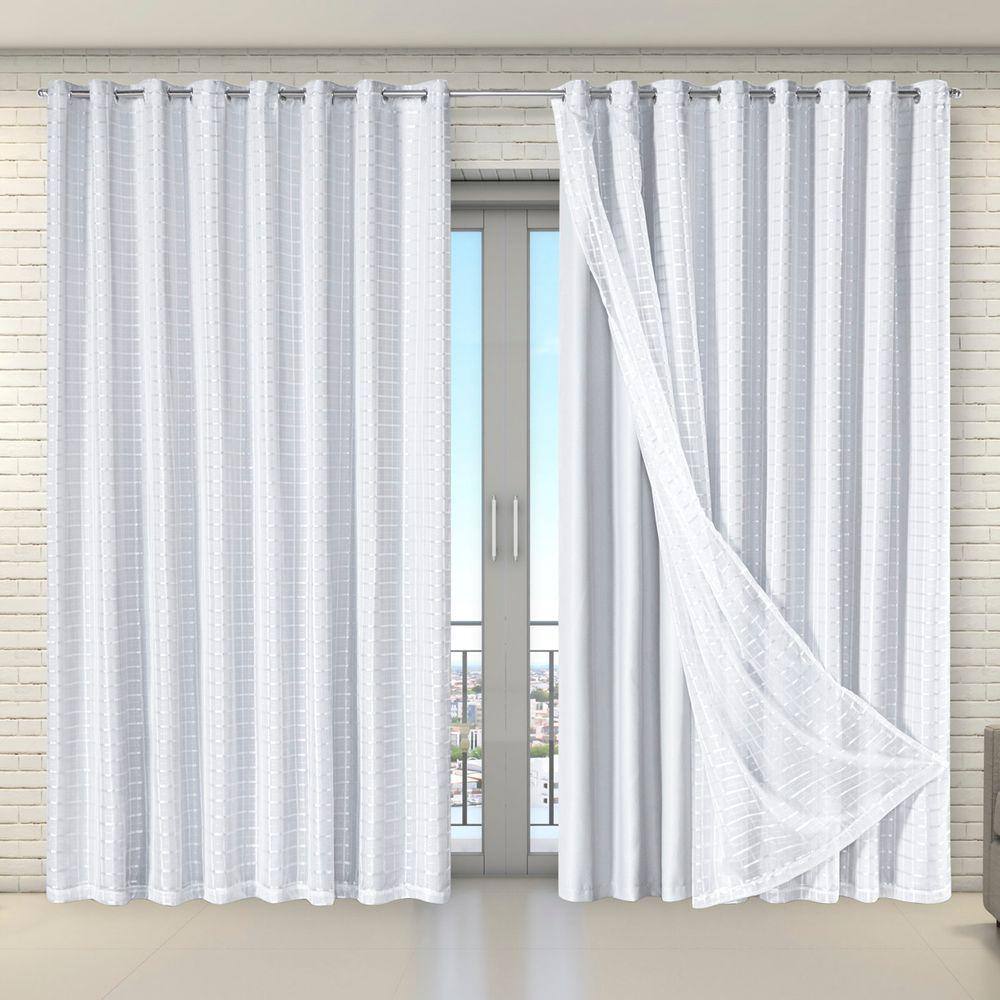 Cortina Tecido Blecaute com Voil Xadrez 2,70 m x 2,30 m Branco