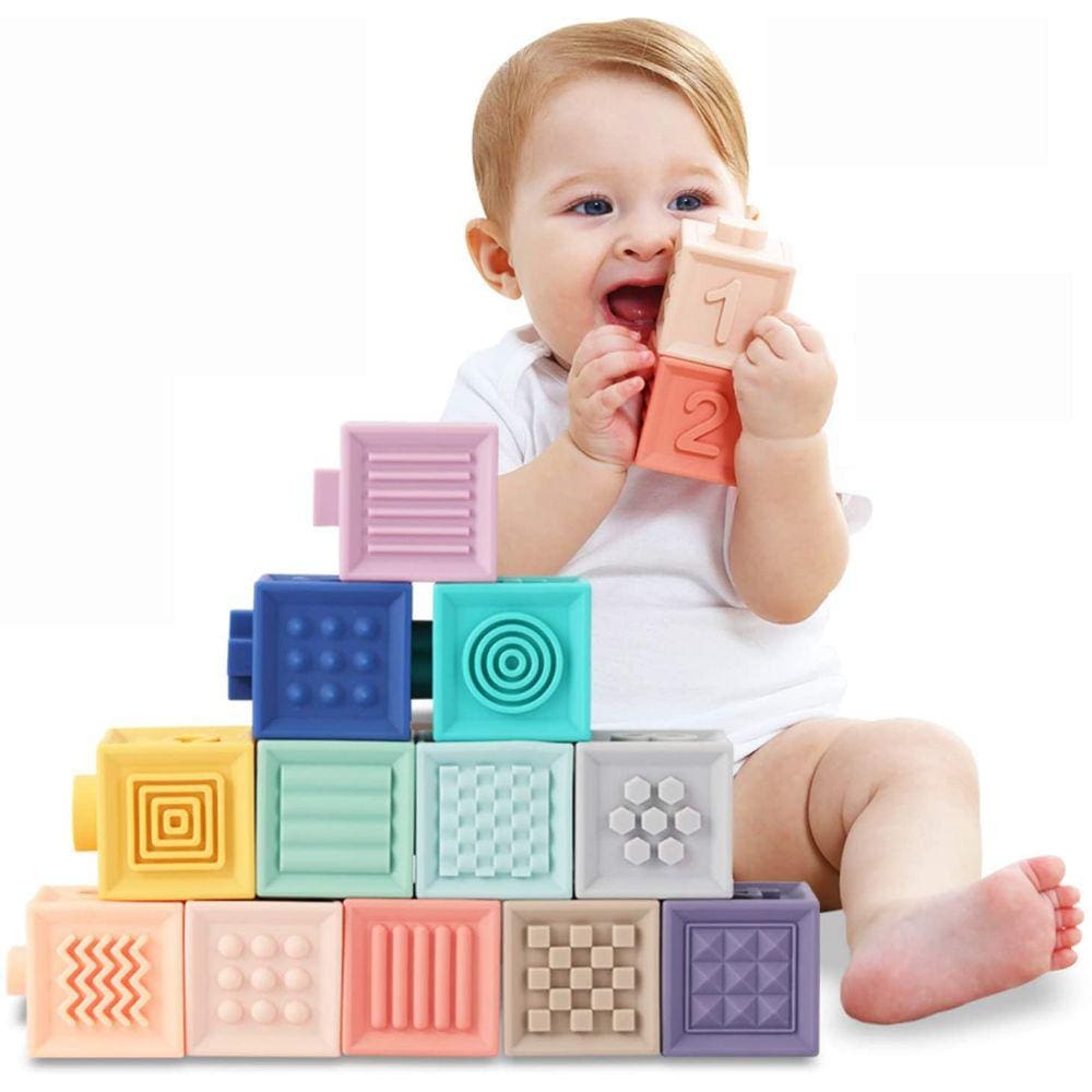 Blocos de bebê blocos de construção macias brinquedos dentes brinquedos jogo de aperto educacional com números Animais Formas texturas 6 meses e até 1