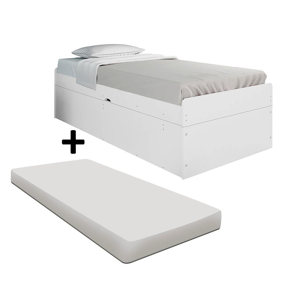 Cama De Solteiro Com Baú Com Colchão Camila Branco Framar
